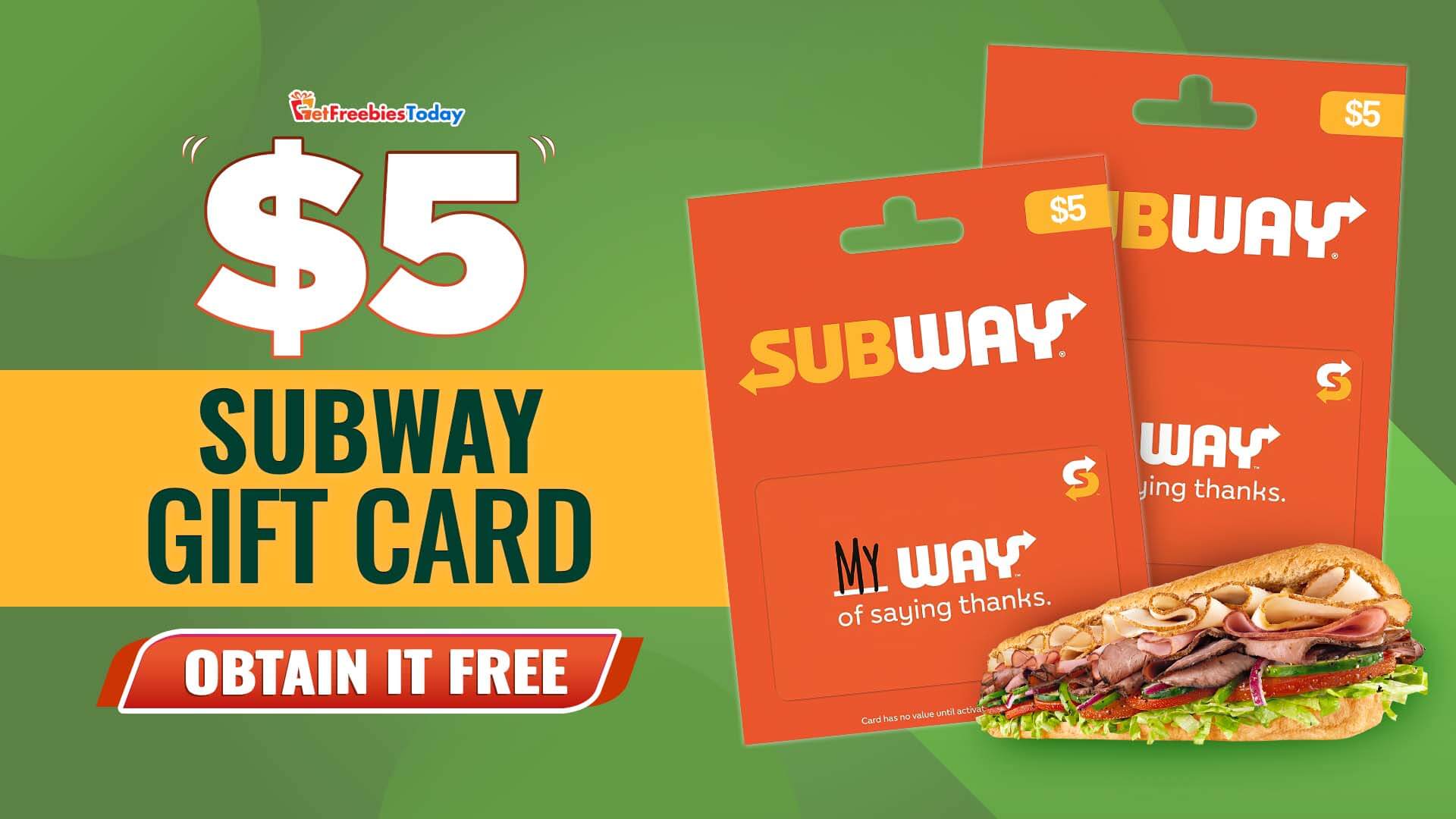 Subway 5 Gift Card Free (March 30, 2023) GFT